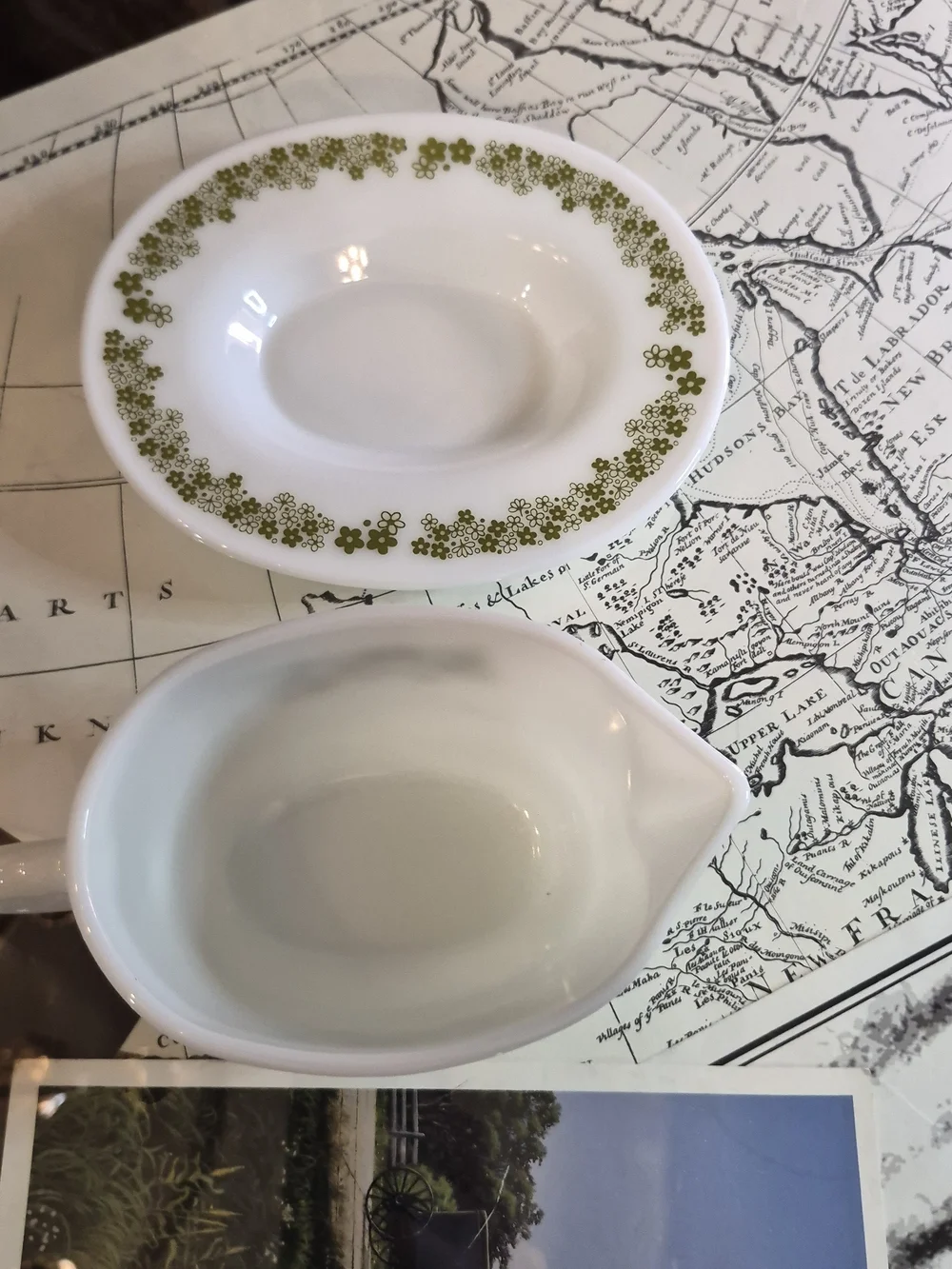 Pyrex White Milk Glass Gravy Boat with Olive Green Floral Pattern